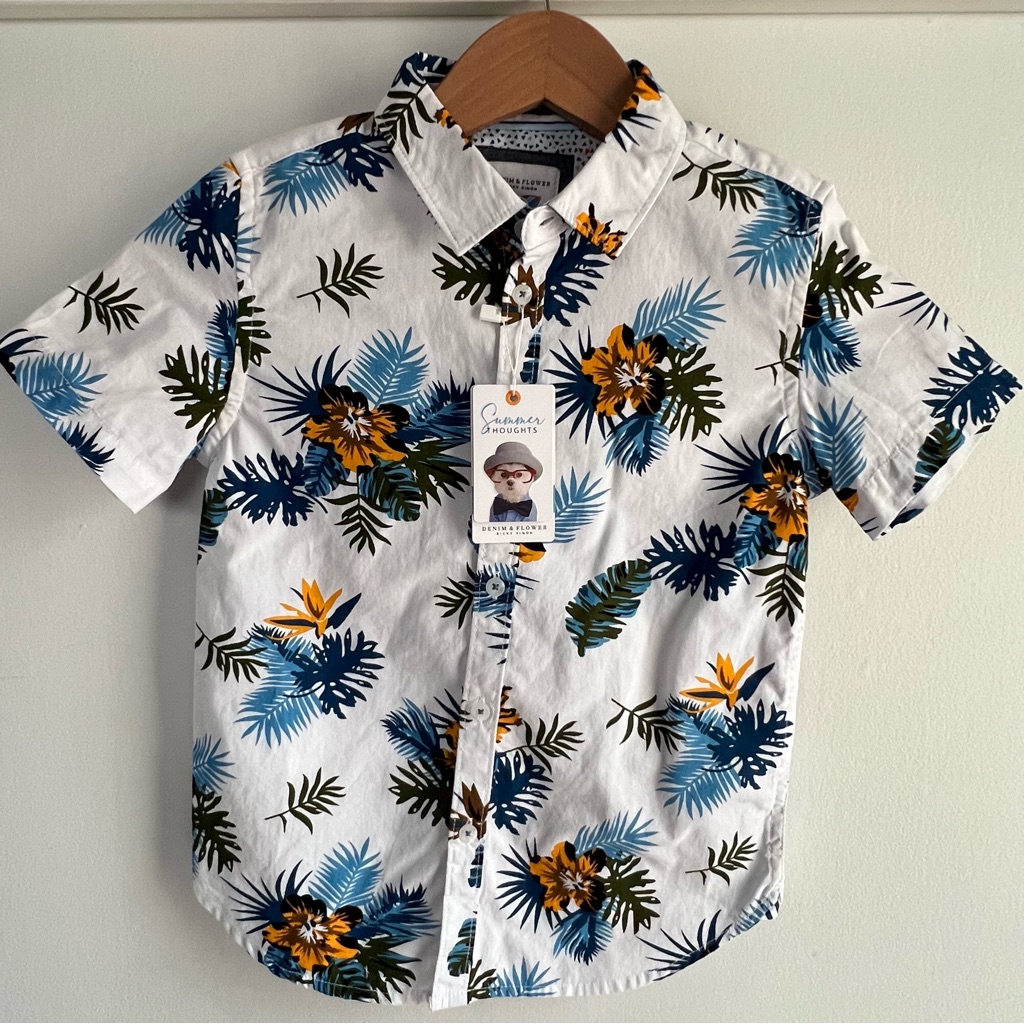Casual Floral Short-Sleeve Shirt - White With Blue & Yellow Print